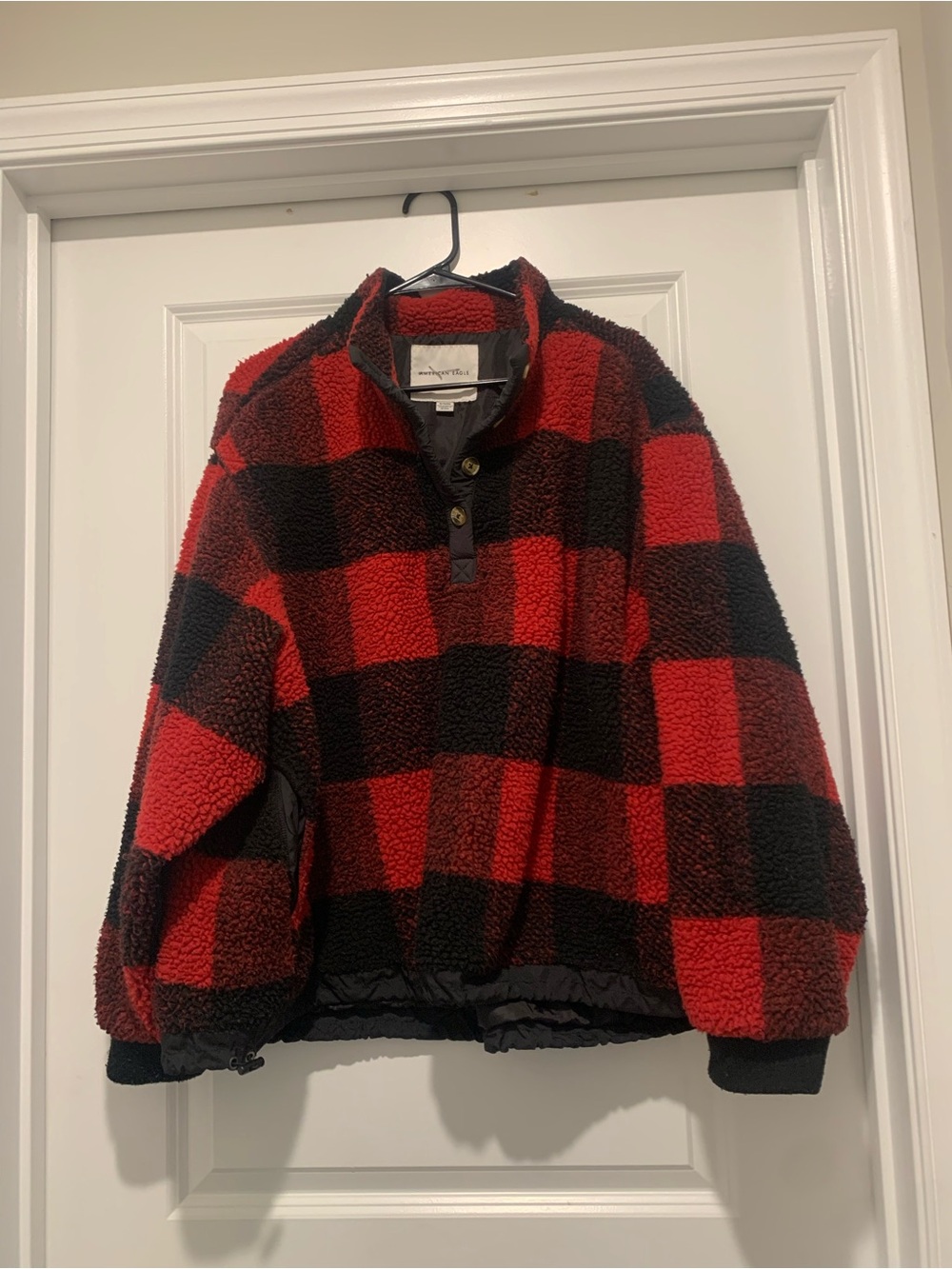 American Eagle Outfitters Red and Black Buffalo Plaid Sherpa Pullover Jacket